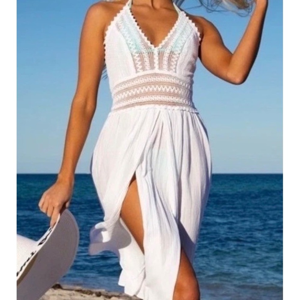 Seaspice Resort Wear White Peruvian Cotton Crochet Halter Midi Dress XL Beach